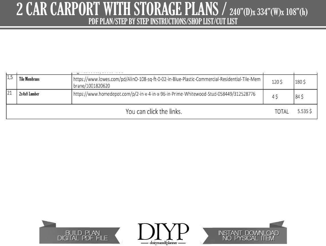 Two car carport with storage plan, carport shed, build a carport, diy garage plans, Two car port plans, car garage build plan,