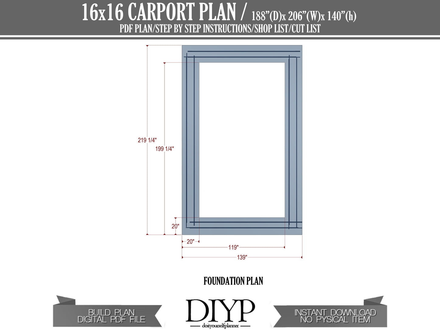 16'x16' Carport Plans - DIY Wooden car garage - Download Printable PDF