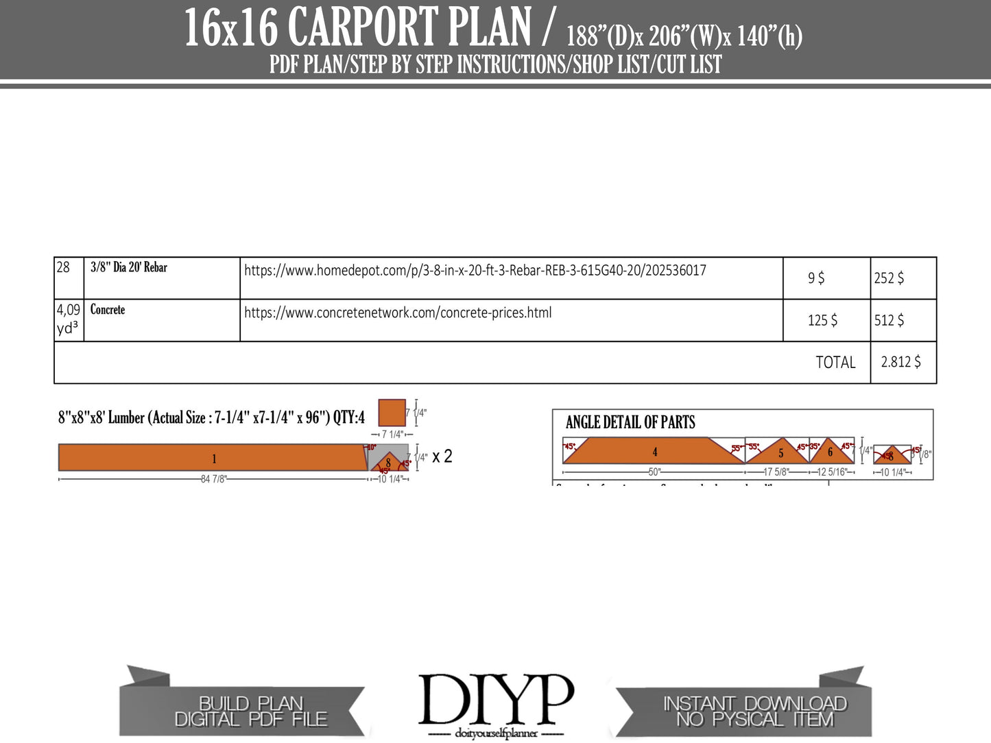 16'x16' Carport Plans - DIY Wooden car garage - Download Printable PDF