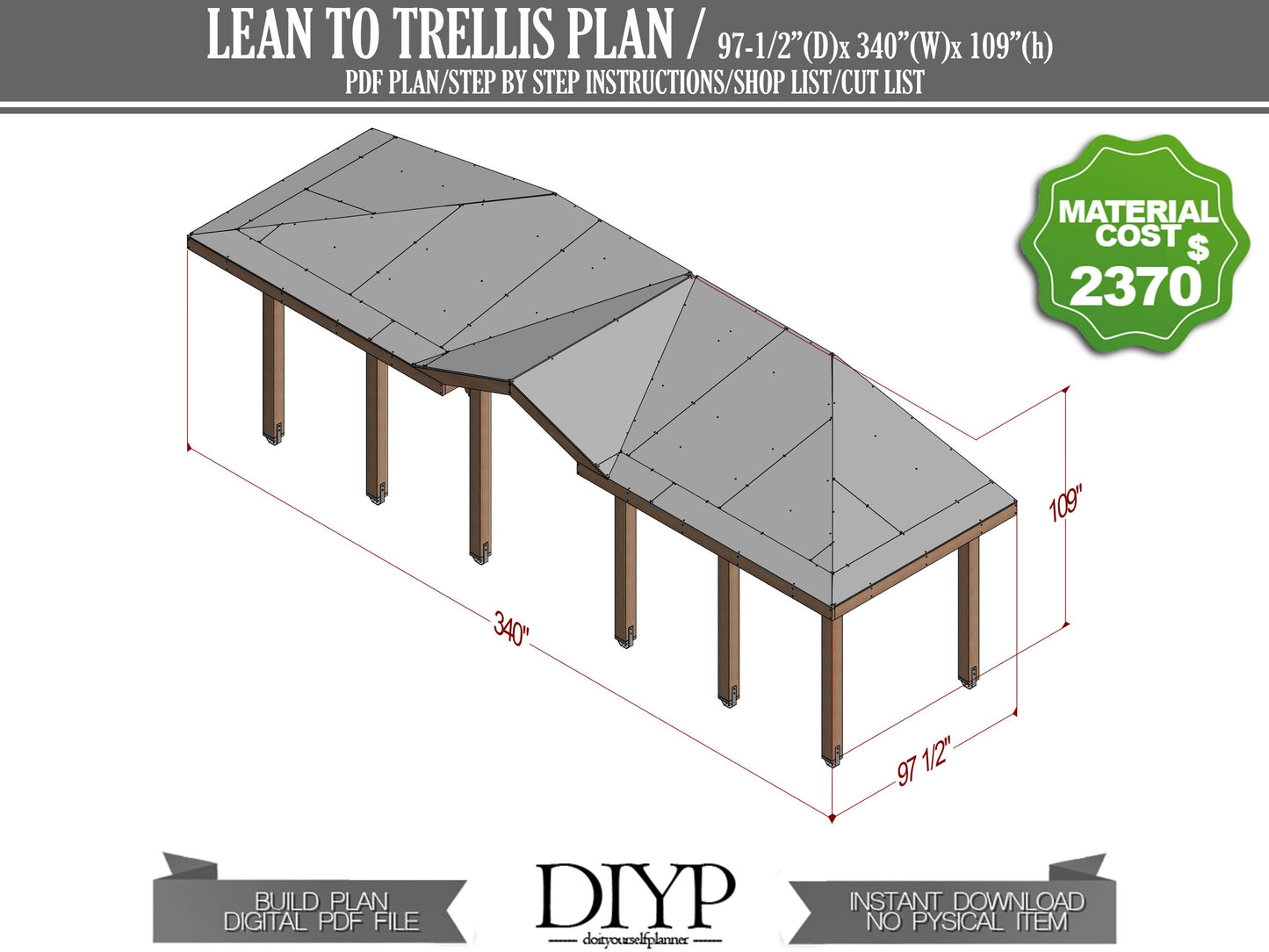 Lean to Pavilion Plans - DIY Attached Lean to Trellis - Download Printable PDF Pergola plan