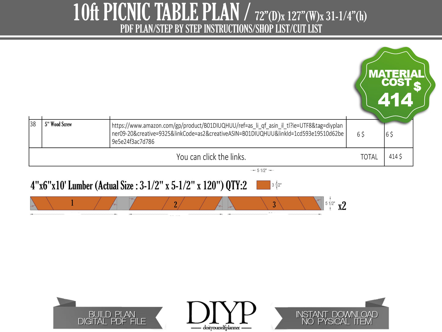 10 Foot Picnic Table Plans | PDF Download
