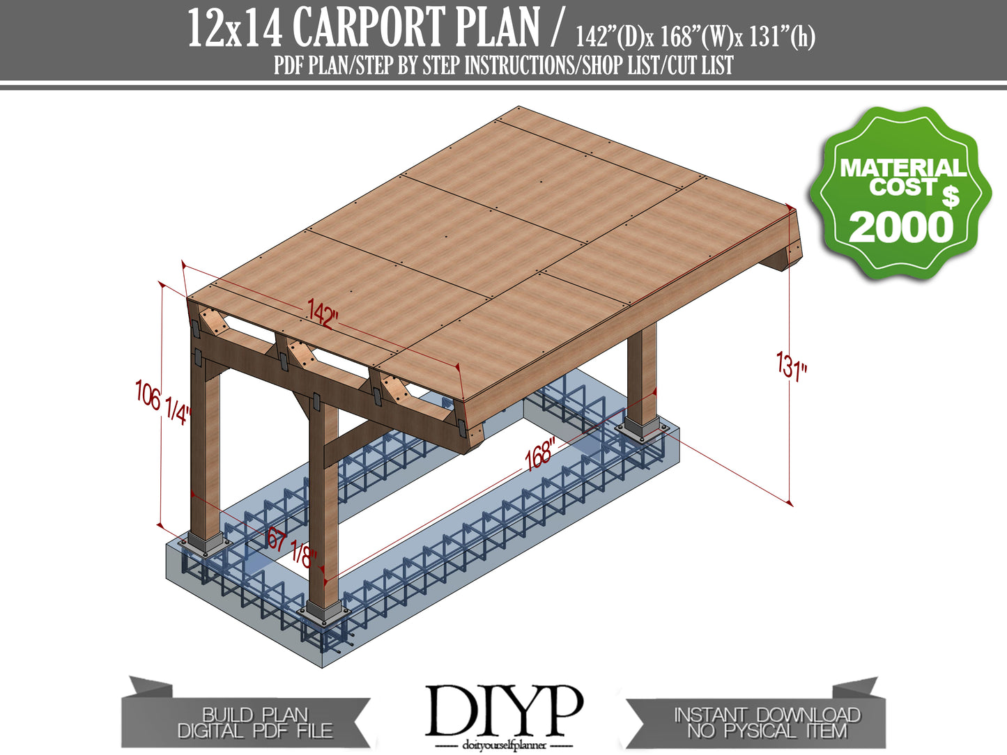 12x14 Carport Plans with Single-Pitched Roof - DIY Woodworking Project, Blueprints, Cut List, Materials List, and Construction Animation