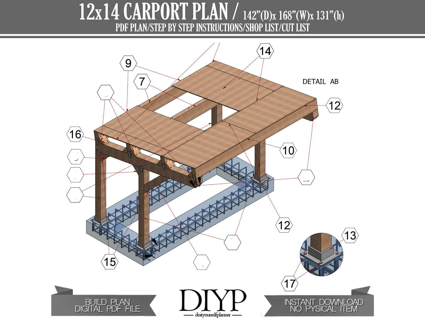 12x14 Carport Plans with Single-Pitched Roof - DIY Woodworking Project, Blueprints, Cut List, Materials List, and Construction Animation