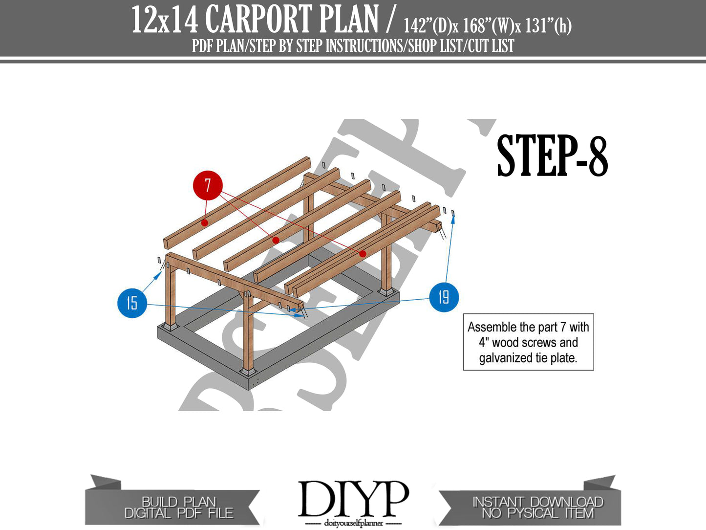 12x14 Carport Plans with Single-Pitched Roof - DIY Woodworking Project, Blueprints, Cut List, Materials List, and Construction Animation