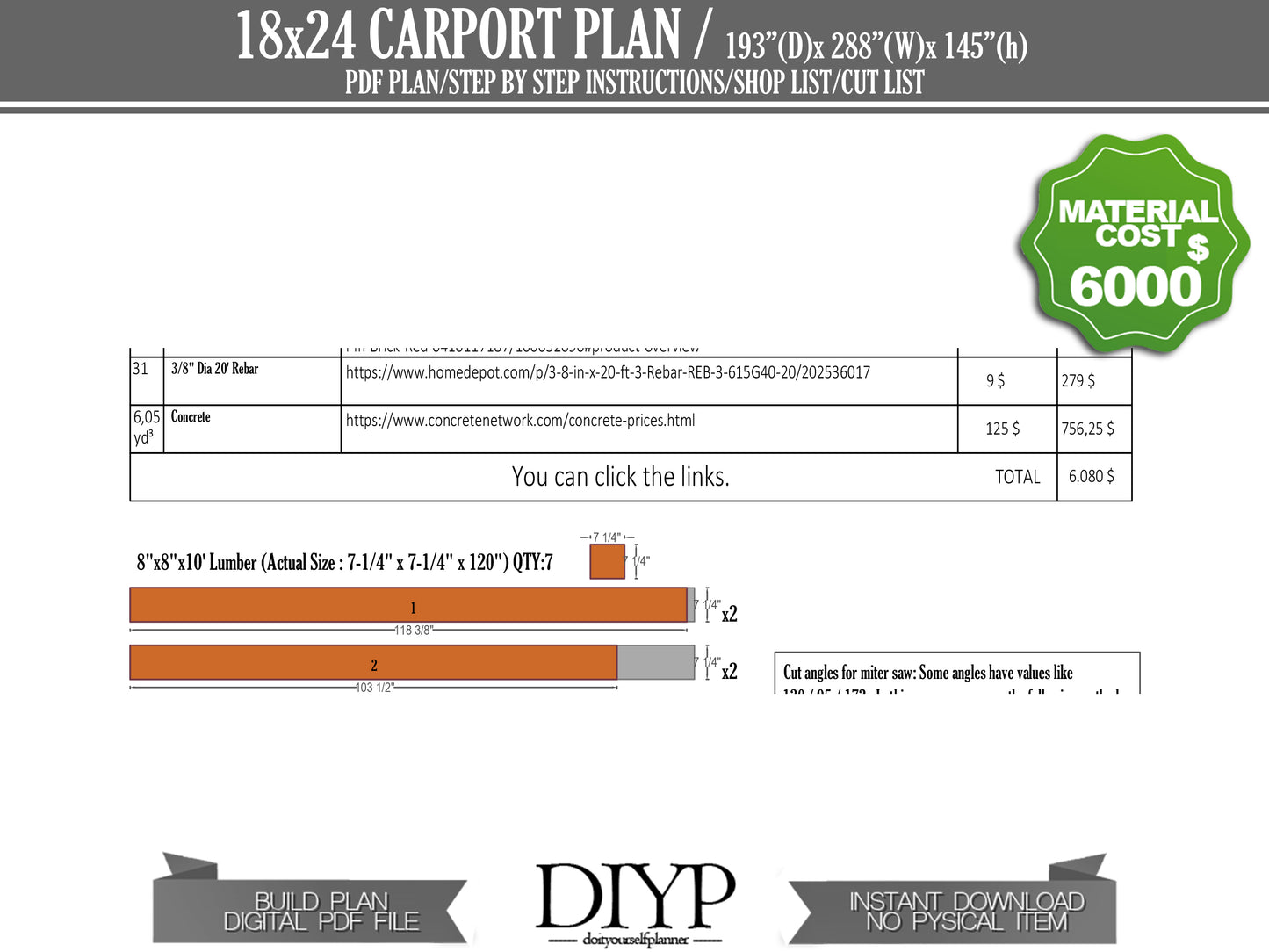 DIY Carport Plans: 18x24 Single-Pitched Roof with Construction Animation, Shopping List, and Cut List