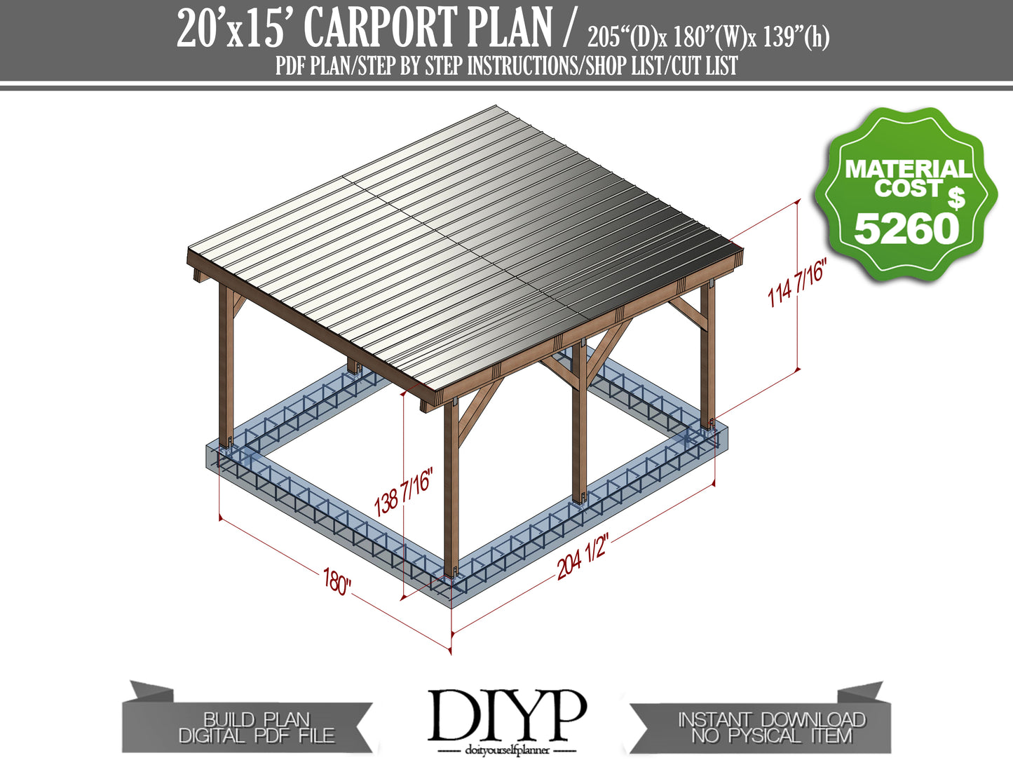 DIY Carport Plans - 15x20 Single-Pitched Roof - Instant Download, Construction Animation, Shopping List, Cut List, Parts List