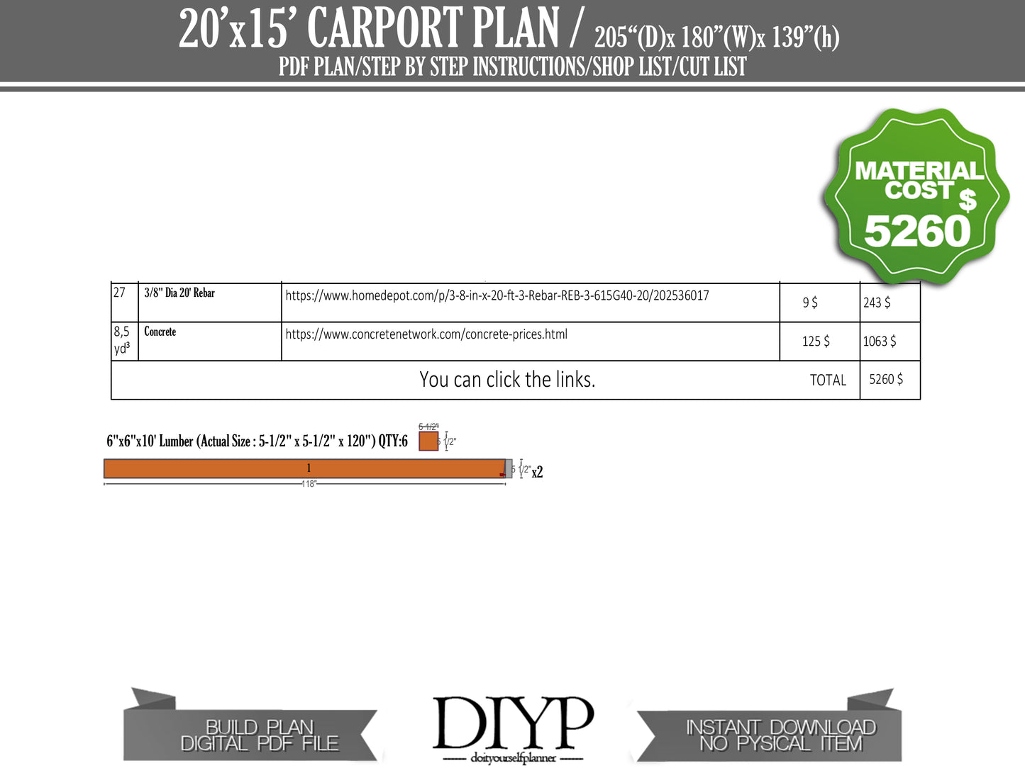 DIY Carport Plans - 15x20 Single-Pitched Roof - Instant Download, Construction Animation, Shopping List, Cut List, Parts List