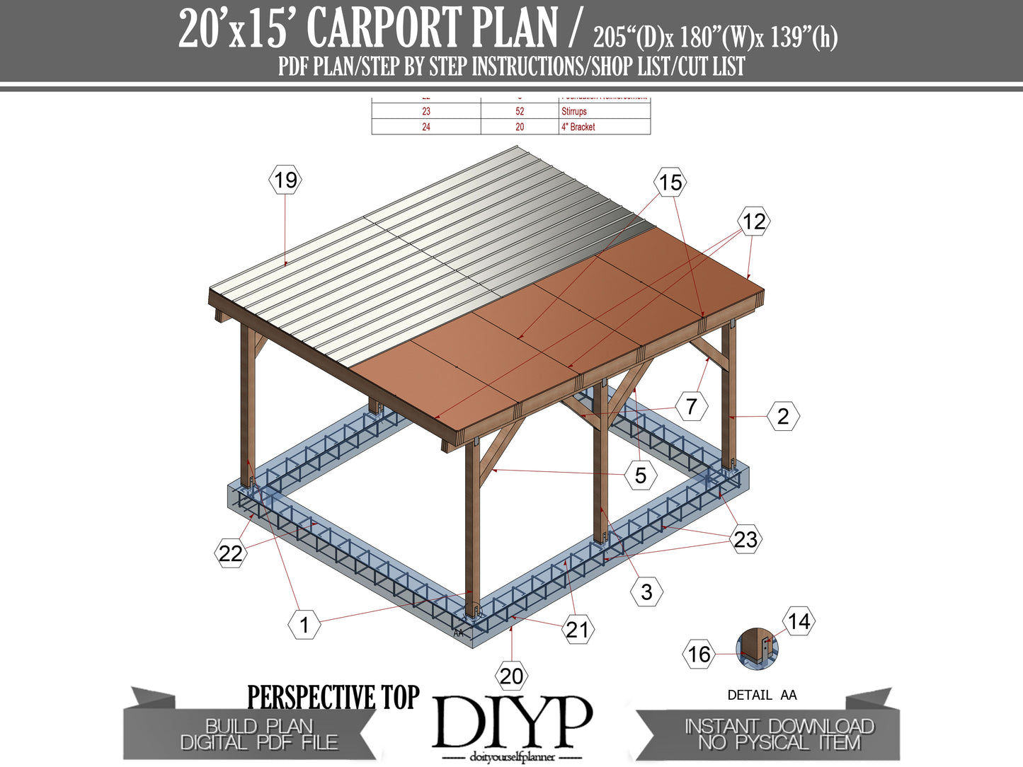 DIY Carport Plans - 15x20 Single-Pitched Roof - Instant Download, Construction Animation, Shopping List, Cut List, Parts List