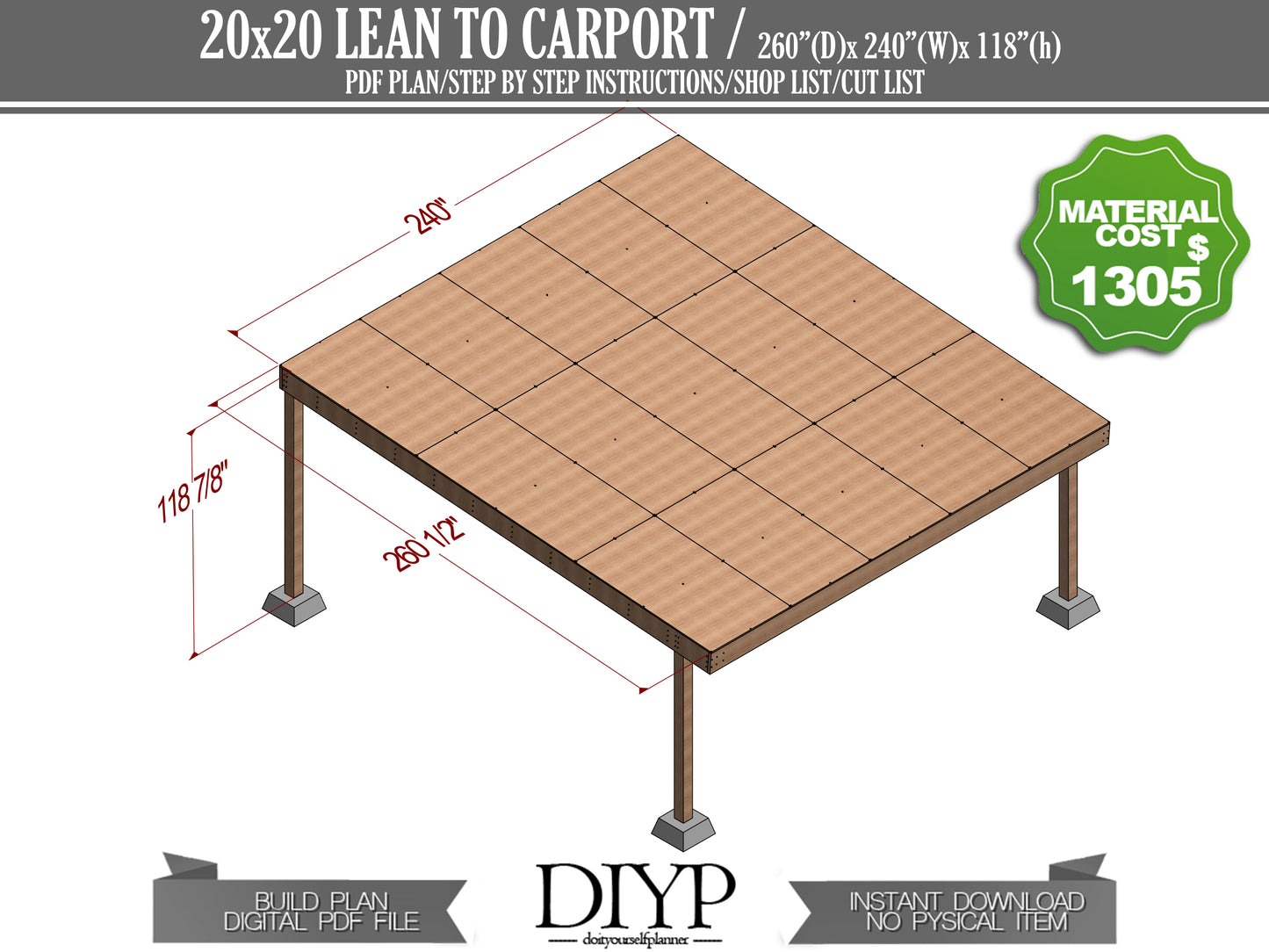 20x20 Carport Plans with Single-Pitched Roof - DIY Woodworking Blueprints, Construction Animation, and Cut List