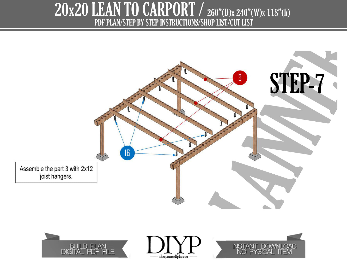 20x20 Carport Plans with Single-Pitched Roof - DIY Woodworking Blueprints, Construction Animation, and Cut List