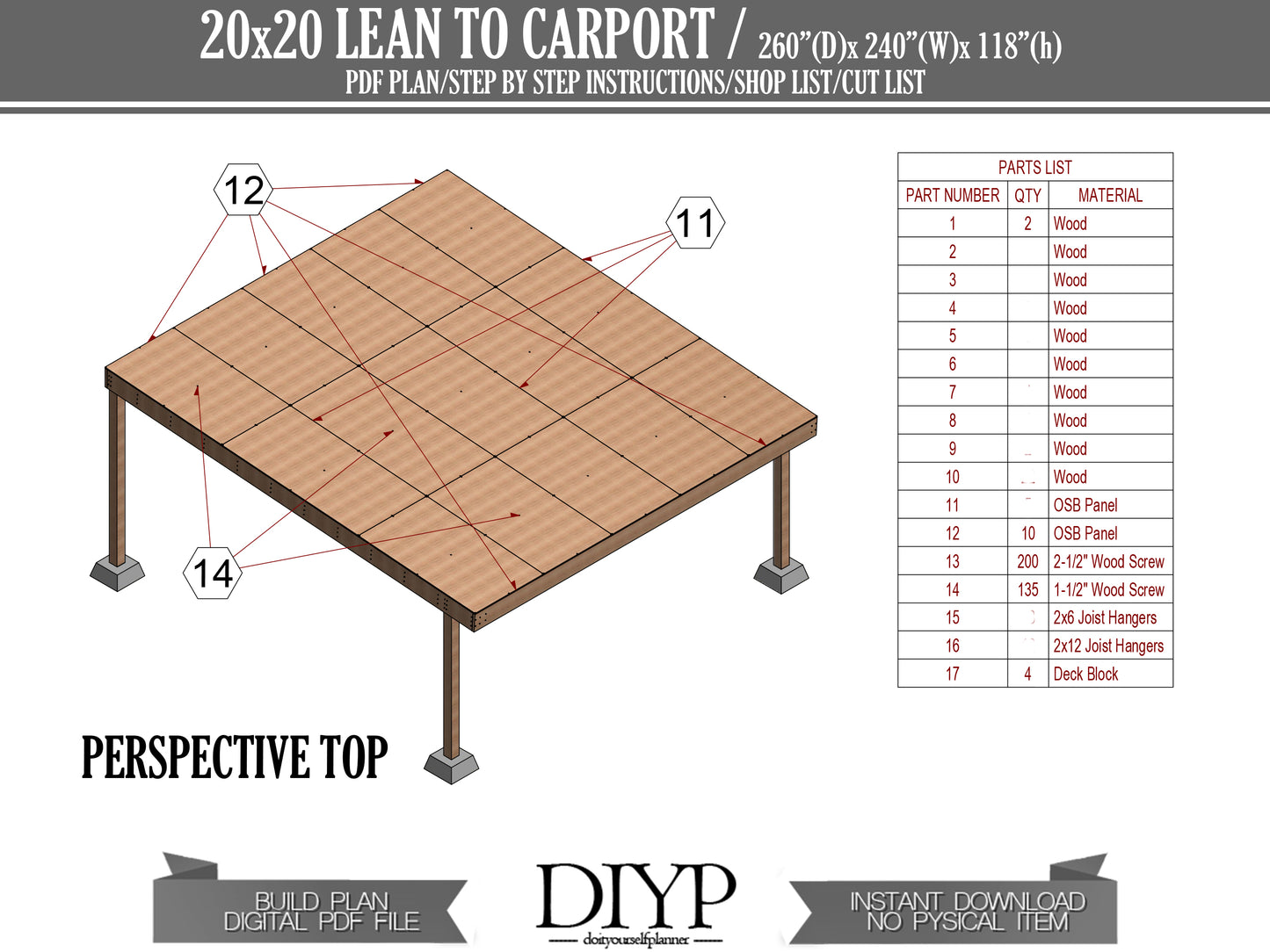 20x20 Carport Plans with Single-Pitched Roof - DIY Woodworking Blueprints, Construction Animation, and Cut List