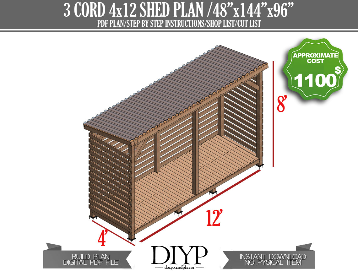 4x12 Firewood Shed Plans with Construction Animation | DIY Wood Shed | Instant Download