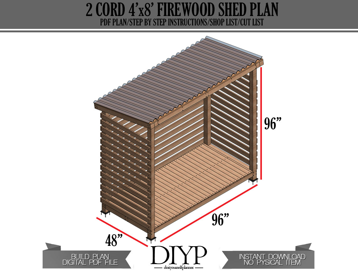 4x8 Firewood Shed Plans - DIY Wood Shed, Easy to Build, with Construction Animation, Shopping List & Cut List