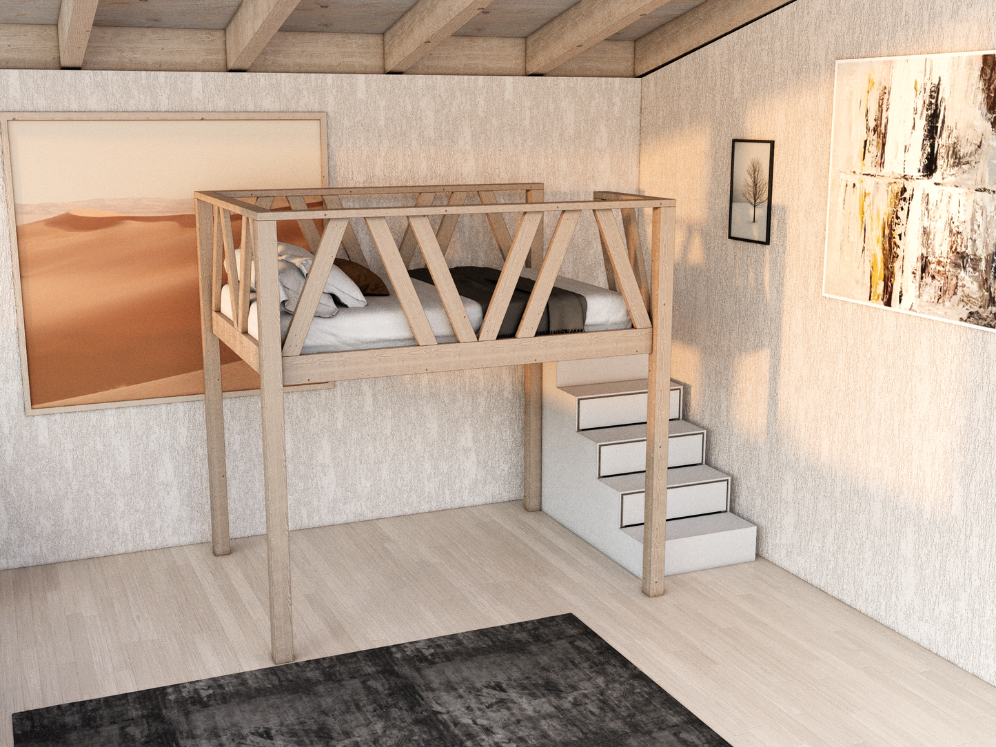 Queen Size Loft Bed with Storage Stairs DIY Plan