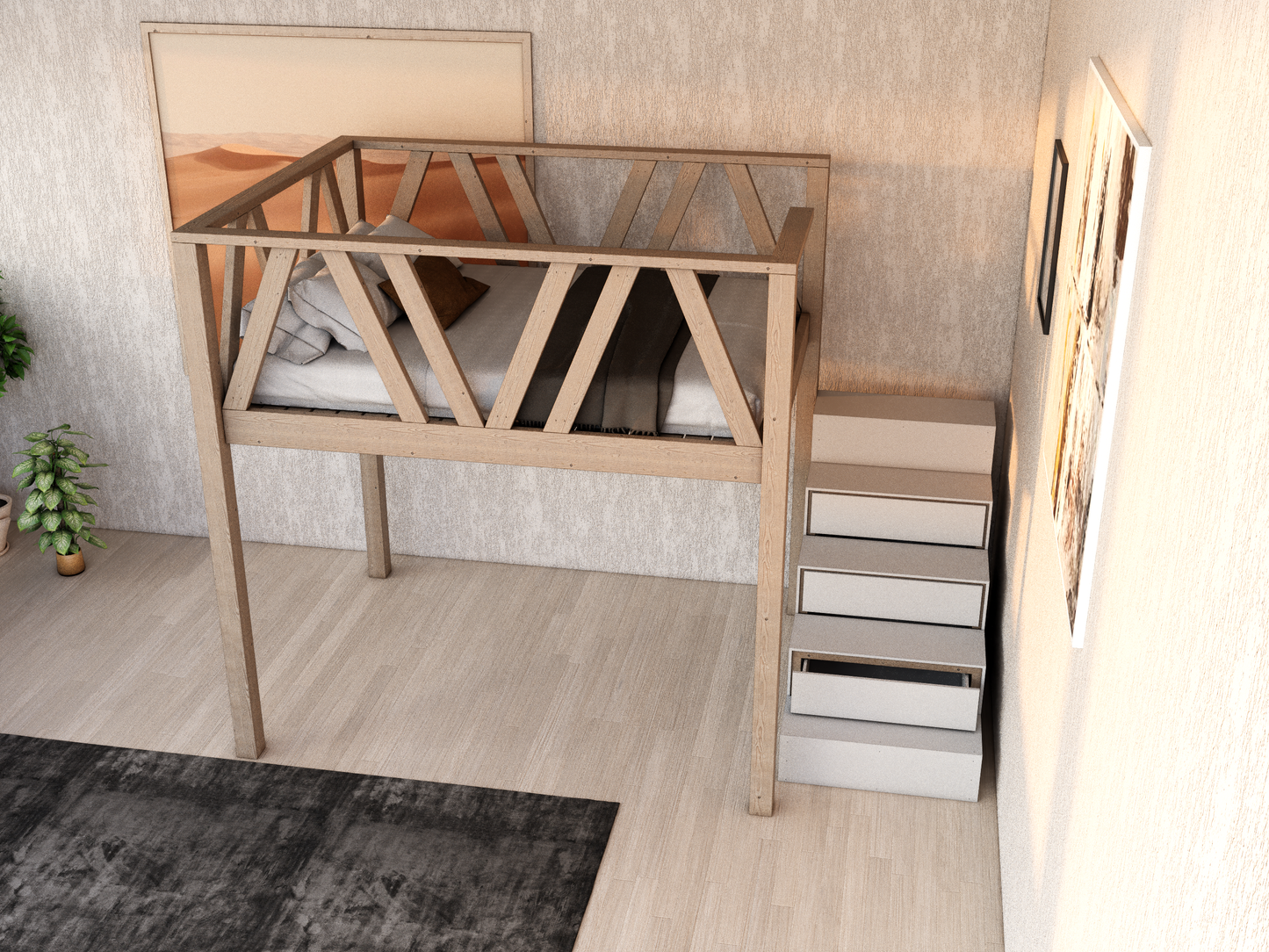 Queen Size Loft Bed with Storage Stairs DIY Plan