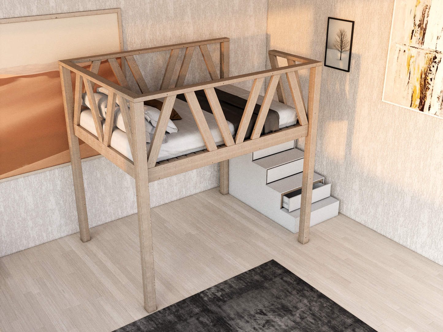 Queen Size Loft Bed with Storage Stairs DIY Plan