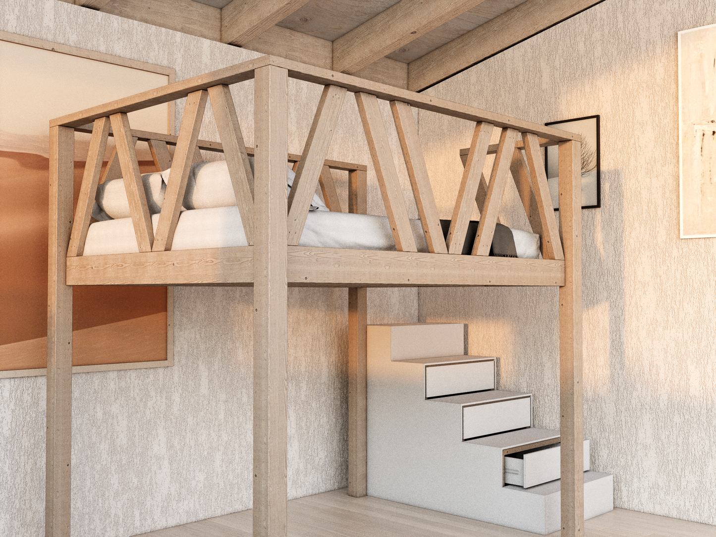 Queen Size Loft Bed with Storage Stairs DIY Plan