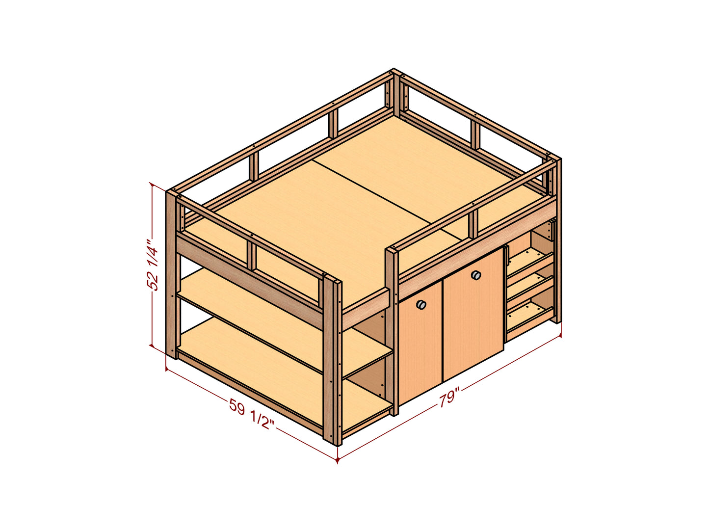 DIY Full Size Bunk Bed with Storage, Study Desk, and Closet - Easy Assembly with Wheels