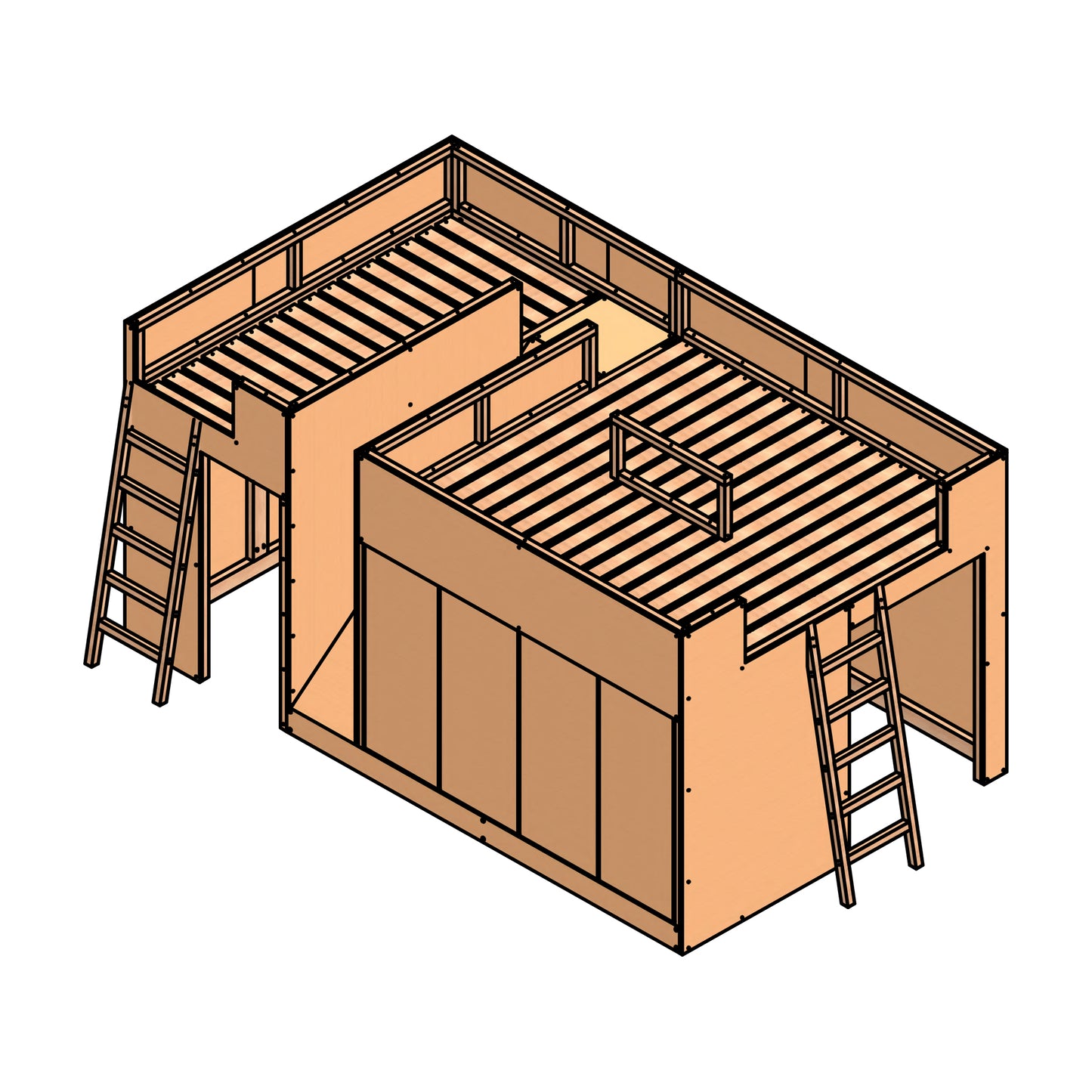 Modern Triple Single Bunk Bed Plans with Slide, Storage, and Play Area, DIY Woodworking