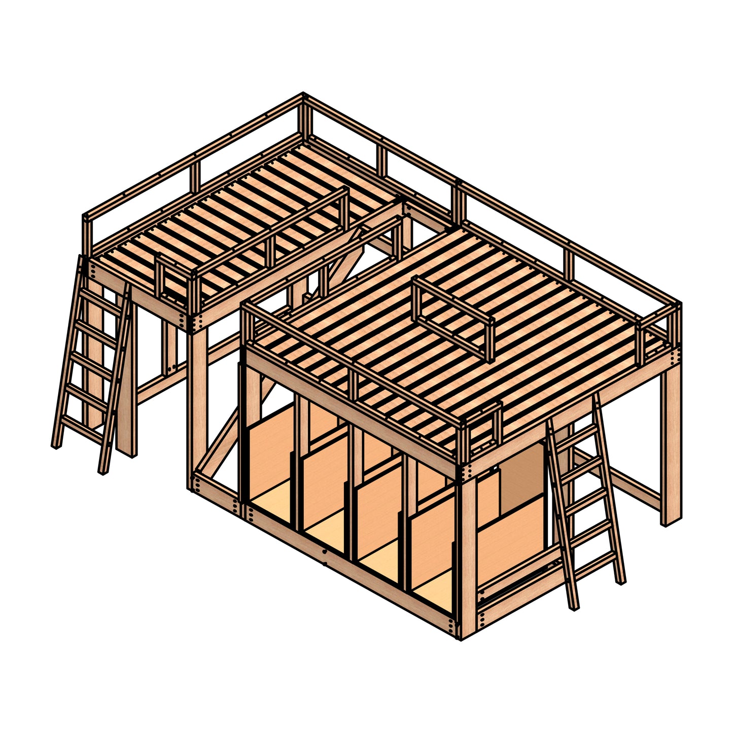 Modern Triple Single Bunk Bed Plans with Slide, Storage, and Play Area, DIY Woodworking