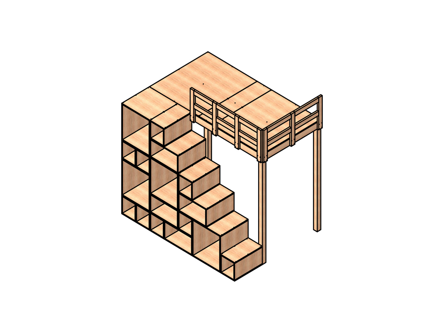 DIY Full Bunk Bed, Cube Stairs: Wood Plan & Animation