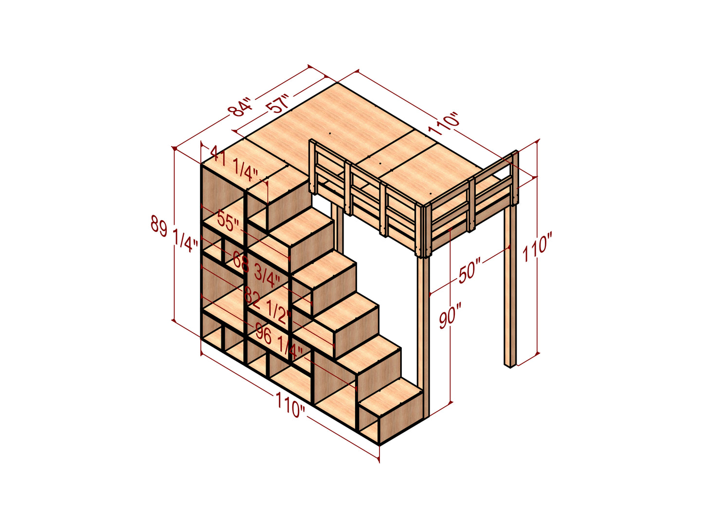 DIY Full Bunk Bed, Cube Stairs: Wood Plan & Animation