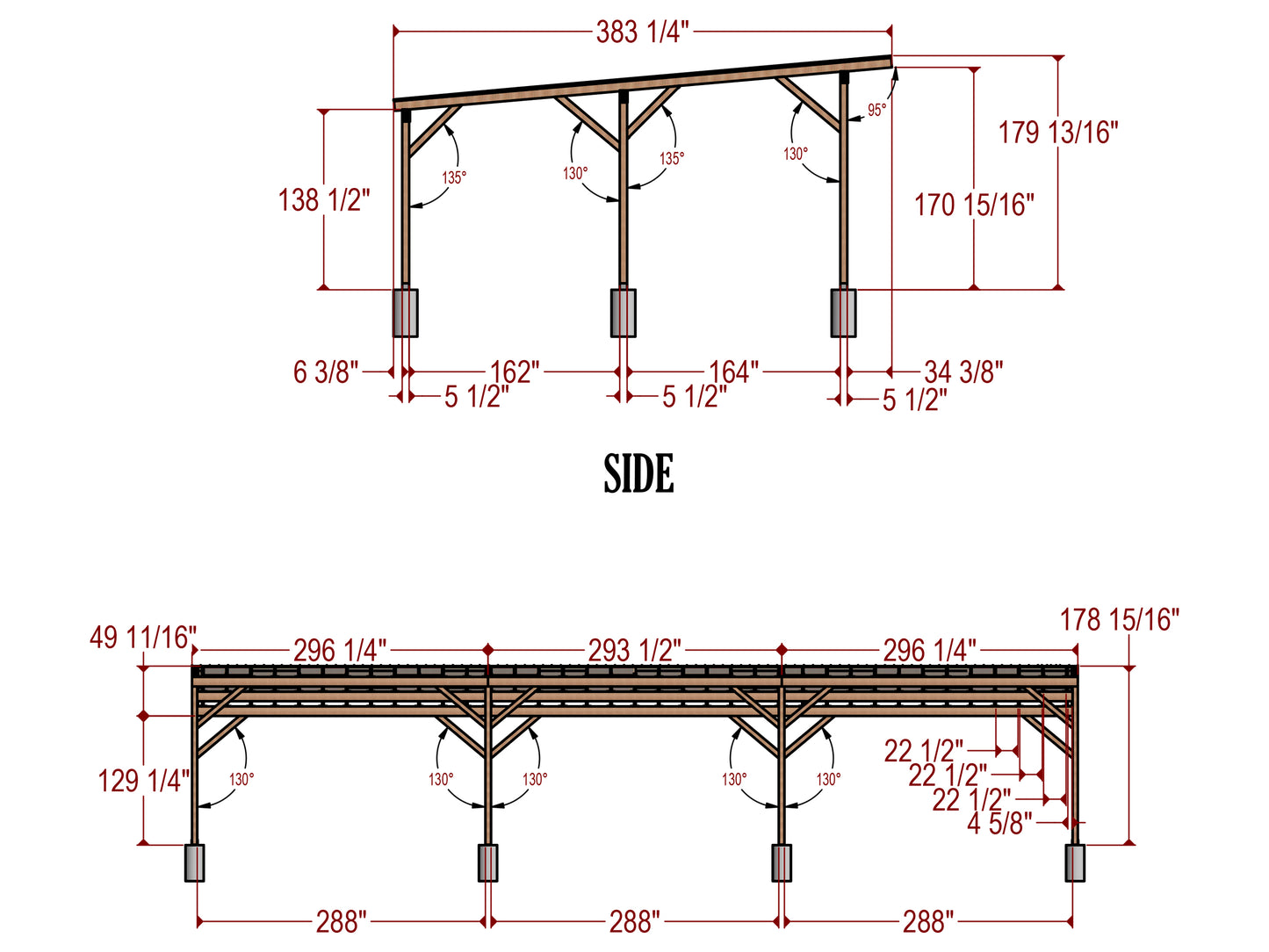 DIY Carport Plans - 32x72ft Single-Pitched Roof - Construction Blueprints, Material List, Cut List, and 3D Animation