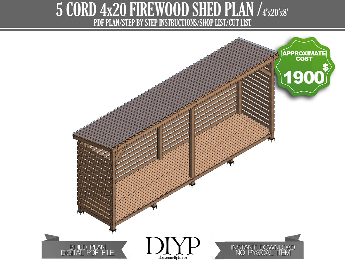 4x20 Firewood Shed Plans with Construction Animation | DIY Woodworking Project | Instant Download