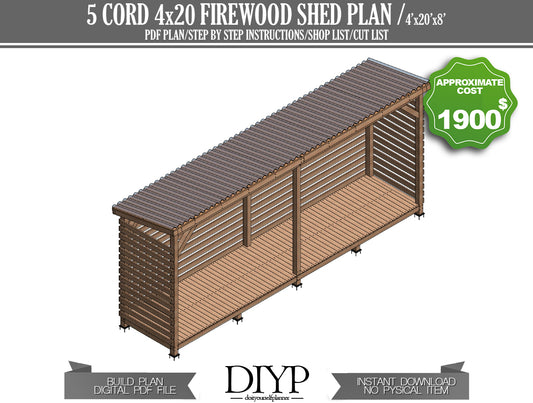 4x20 Firewood Shed Plans with Construction Animation | DIY Woodworking Project | Instant Download