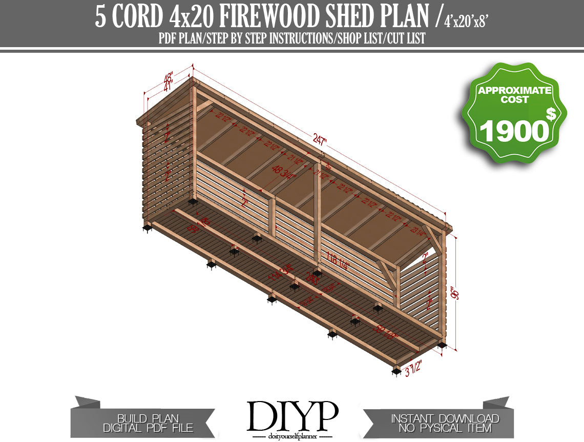 4x20 Firewood Shed Plans with Construction Animation | DIY Woodworking Project | Instant Download