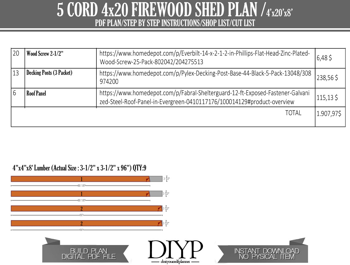 4x20 Firewood Shed Plans with Construction Animation | DIY Woodworking Project | Instant Download