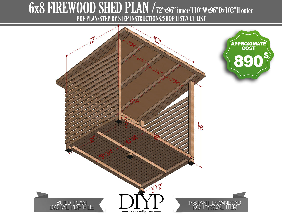 DIY Firewood Shed Plans - 6x8ft with Construction Animation, Cutting List & More!