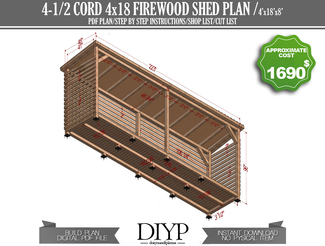 4x18 Firewood Shed Plans with Construction Animation, Shopping List, Cut List & More!