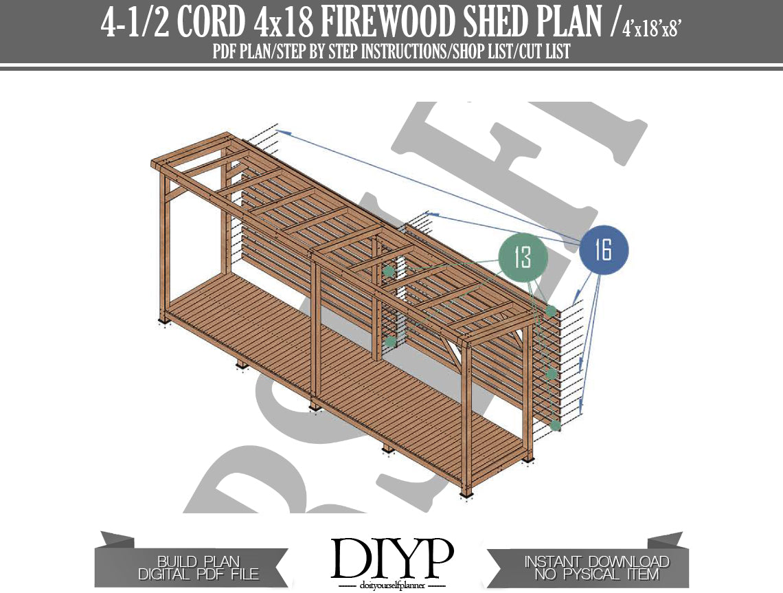 4x18 Firewood Shed Plans with Construction Animation, Shopping List, Cut List & More!