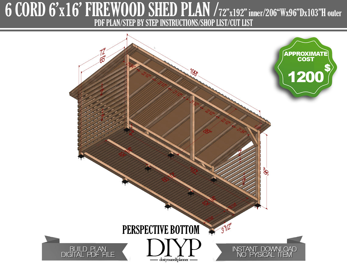 6x16 Firewood Shed Plans - DIY Woodshed Plans, 3 Cord Storage, Easy to Build, Instant Download, PDF, Cutting List, Shopping List,  Construction Animation