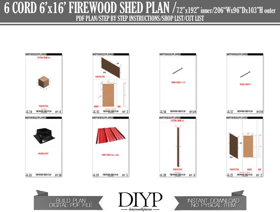 6x16 Firewood Shed Plans - DIY Woodshed Plans, 3 Cord Storage, Easy to Build, Instant Download, PDF, Cutting List, Shopping List,  Construction Animation