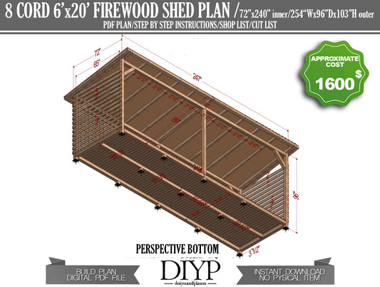 6x20 Firewood Shed Plans - DIY Wood Shed Plans - Easy to Build Firewood Storage - Instant Download