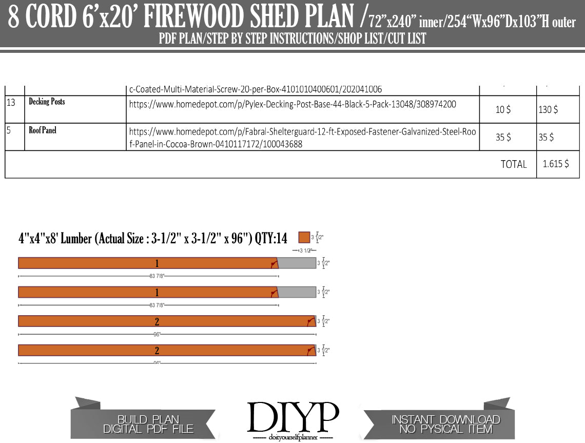 6x20 Firewood Shed Plans - DIY Wood Shed Plans - Easy to Build Firewood Storage - Instant Download