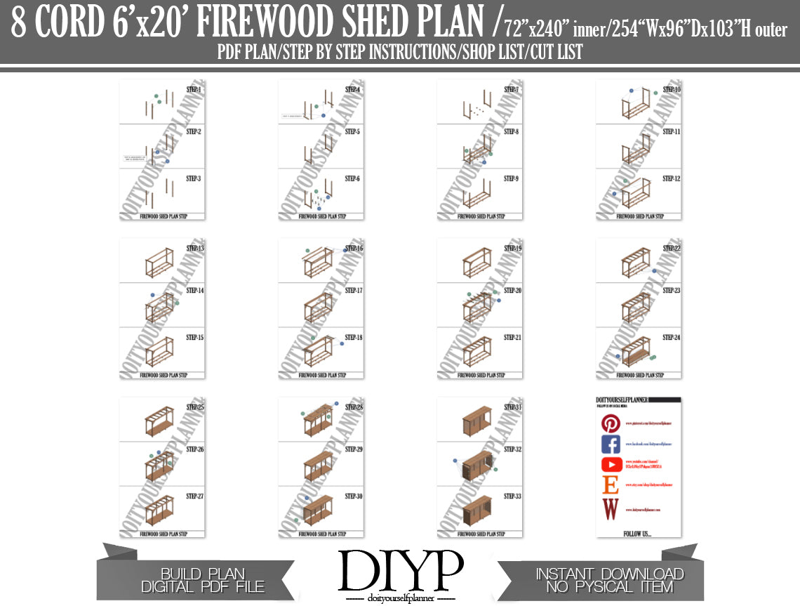 6x20 Firewood Shed Plans - DIY Wood Shed Plans - Easy to Build Firewood Storage - Instant Download