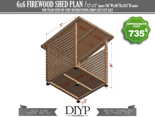 DIY Firewood Shed Plans - 6x6 Feet - Easy to Build with Construction Animation, Shopping List, Cut List & More!