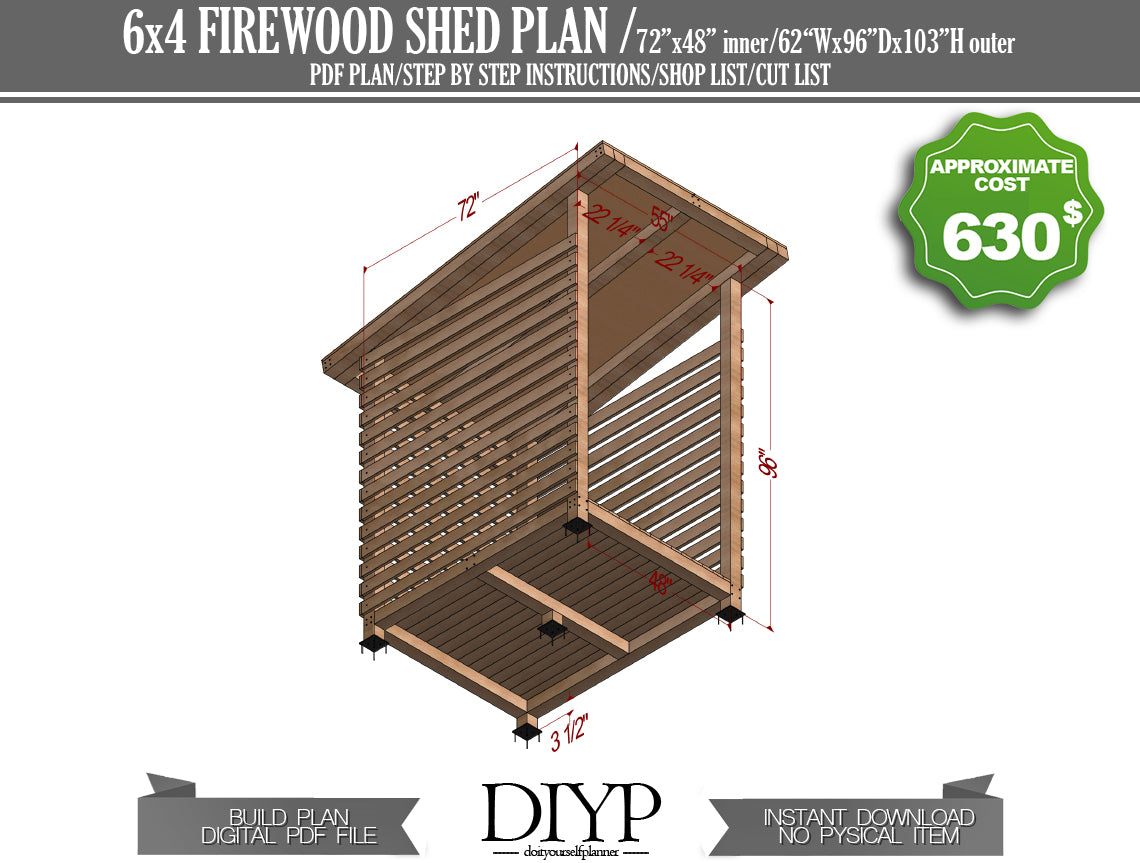 6x4 Firewood Shed Plans | DIY Wood Shed | Easy to Build | Instant Download | Full Cut List