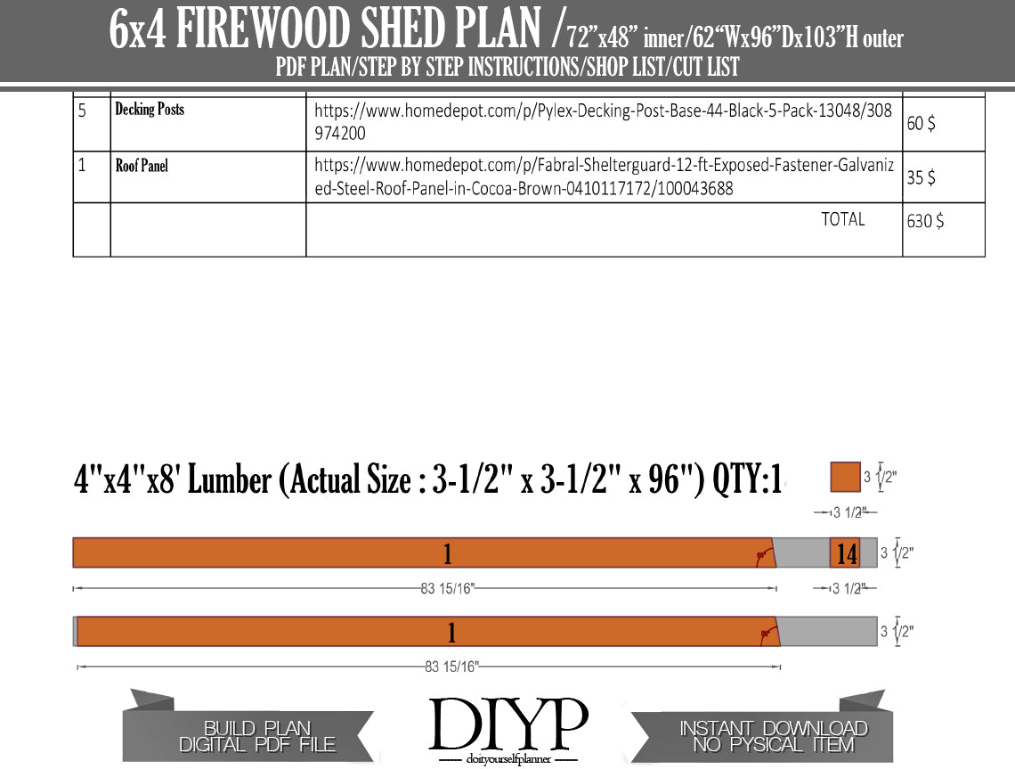 6x4 Firewood Shed Plans | DIY Wood Shed | Easy to Build | Instant Download | Full Cut List