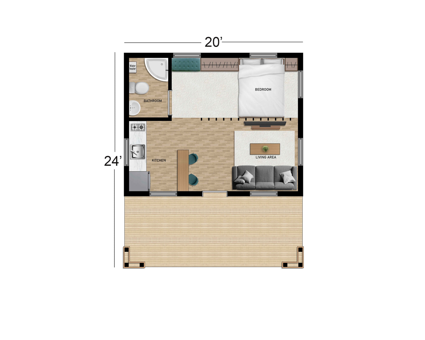 Modern Farmhouse House Plans with Veranda | 20x16 Single Story Home | Printable PDF | Instant Download