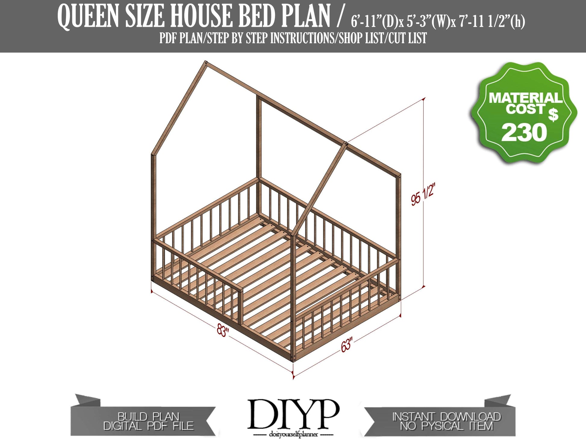 Build a Magical Queen Size Montessori House Bed Frame for Kids | DIY Plan with Parts List, Shopping Guide, and Animation