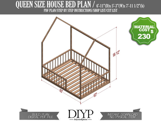 Build a Magical Queen Size Montessori House Bed Frame for Kids | DIY Plan with Parts List, Shopping Guide, and Animation