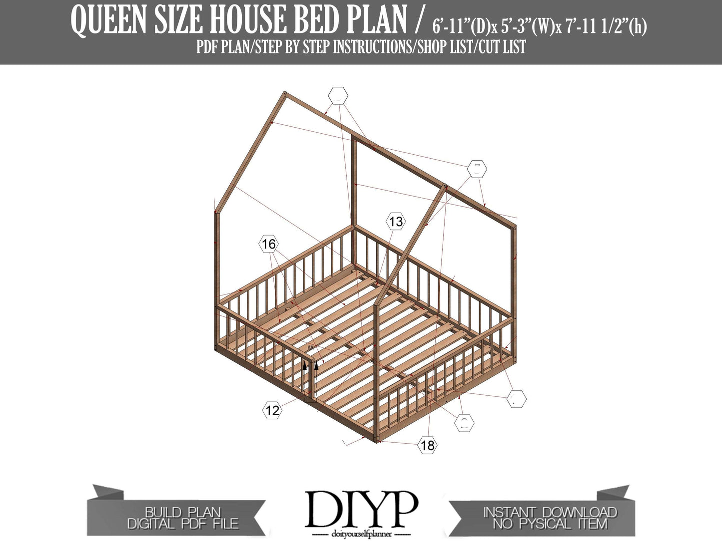 Build a Magical Queen Size Montessori House Bed Frame for Kids | DIY Plan with Parts List, Shopping Guide, and Animation