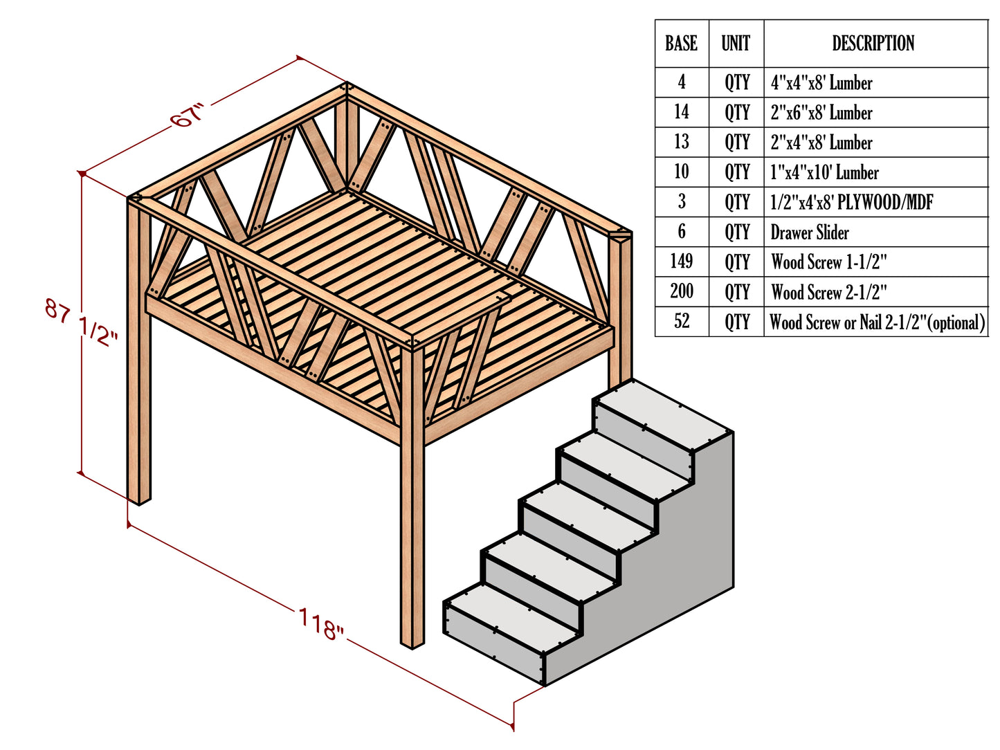 Queen Size Loft Bed with Storage Stairs DIY Plan