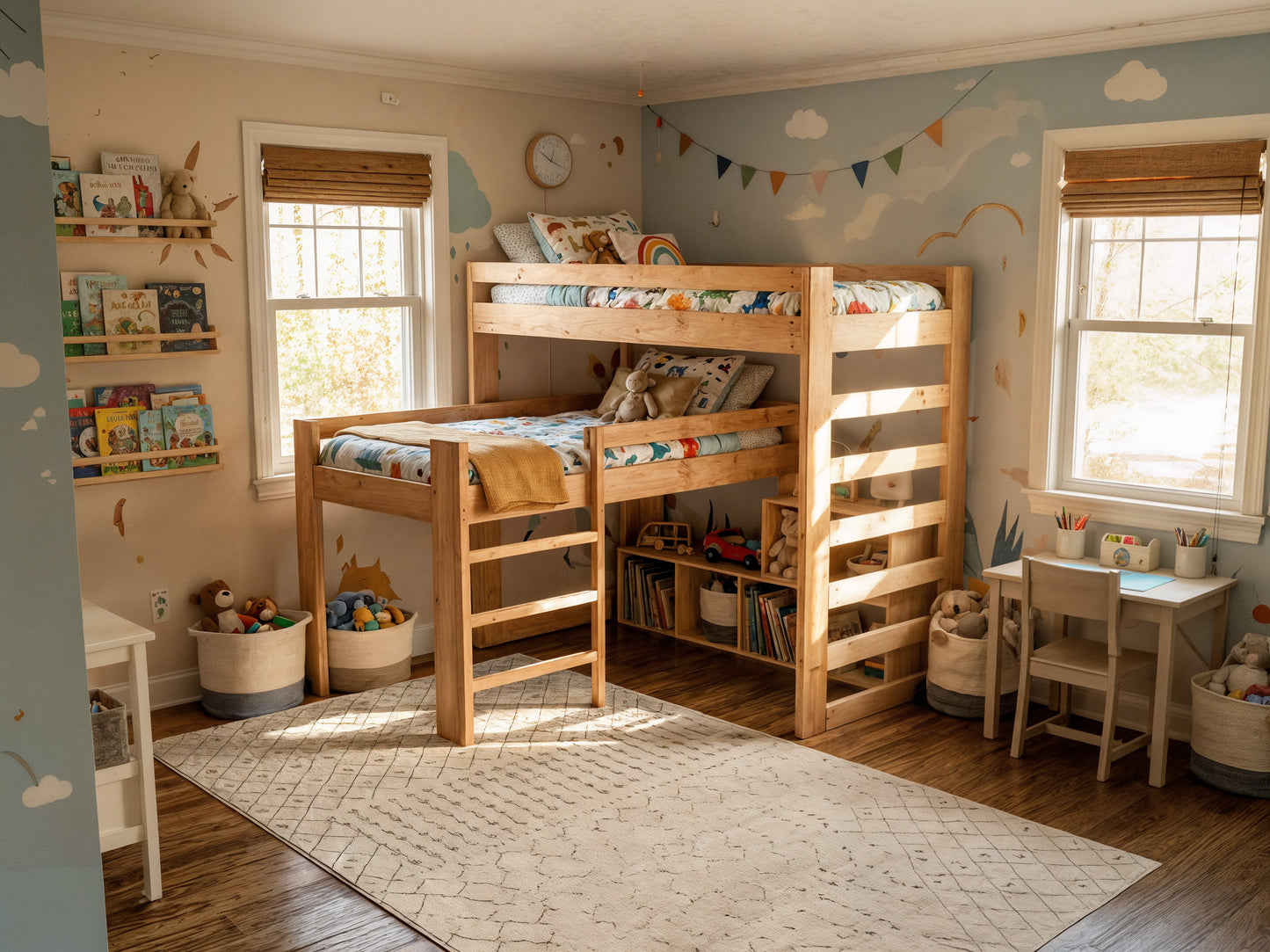 Twin Over Twin L-Shaped Bunk Bed Plans – DIY Woodworking PDF Blueprint