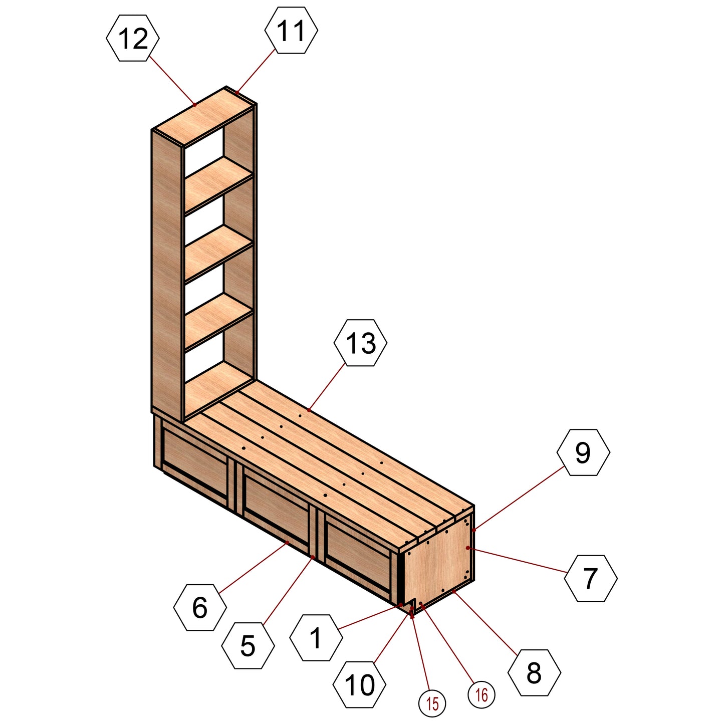 Under Stairs Nook Storage Bench with Drawers and Bookshelf Woodworking Plan