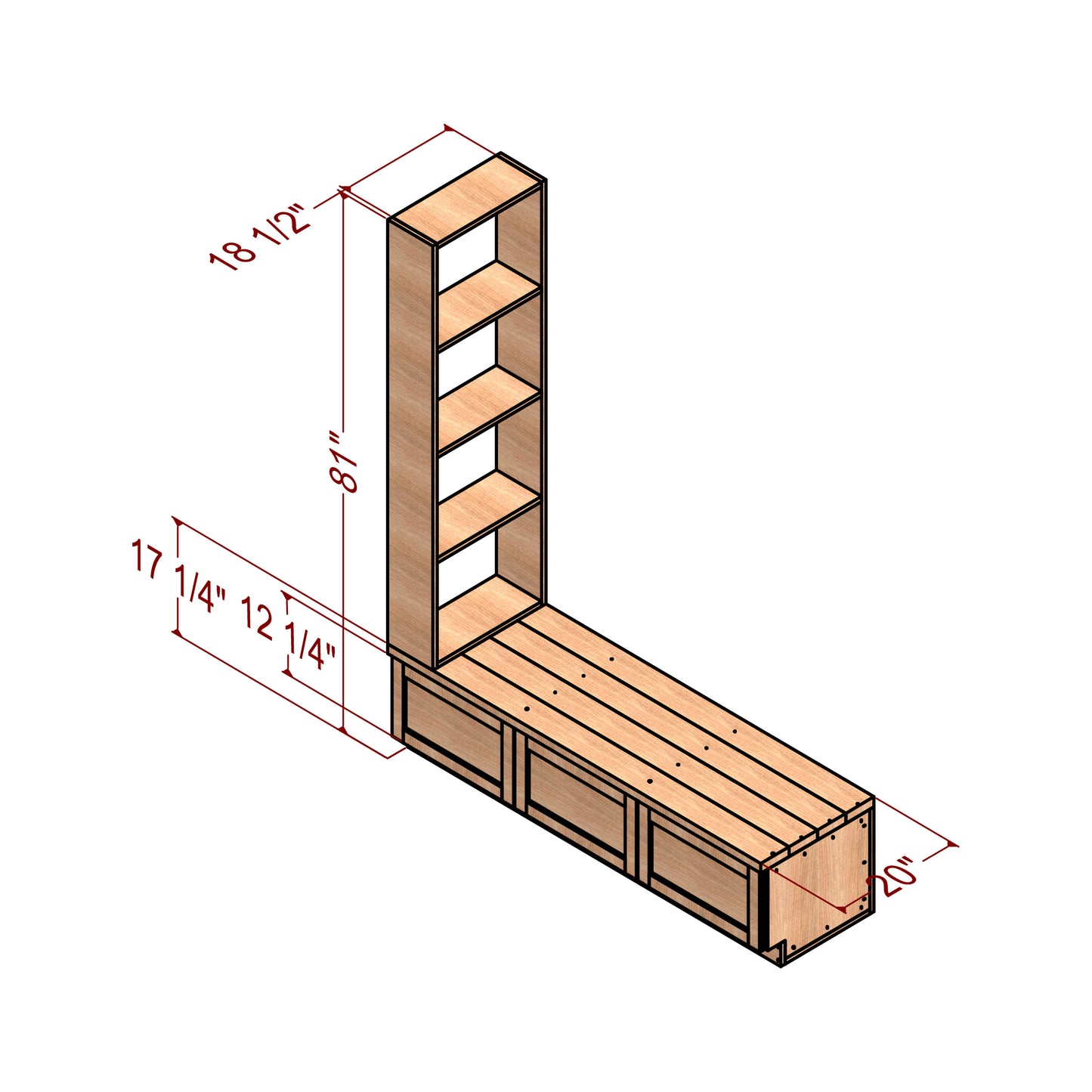 Under Stairs Nook Storage Bench with Drawers and Bookshelf Woodworking Plan